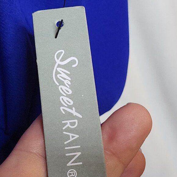 Sweet Rain Blue SS V Neck Poly Silver Button Shoulder Peplum Midi Dress Jr Sz L - Picture 11 of 16